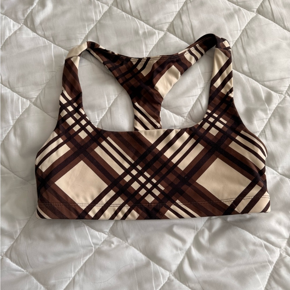 Brown and Cream Plaid Sports Bra